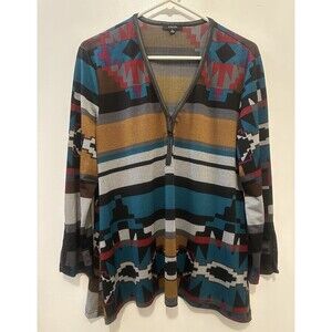 Kaktus Southwestern Aztec Tunic Top M Boho Western Faux Leather Trim V-Neck